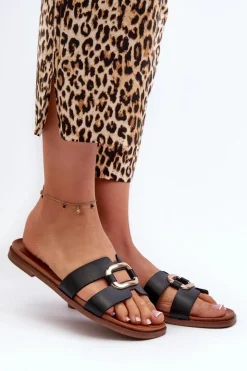 Buty Sergio Leone Klapki Damskie Klasyczne*Płaskie Klapki Damskie Z Eko Skóry Sergio Leone SK077H Czarne