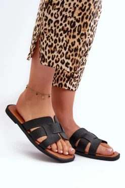 Damskie Evento Płaskie Klapki Damskie Z Eko Skóry Czarne Risamay