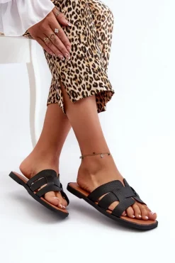 Damskie Evento Płaskie Klapki Damskie Z Eko Skóry Czarne Risamay