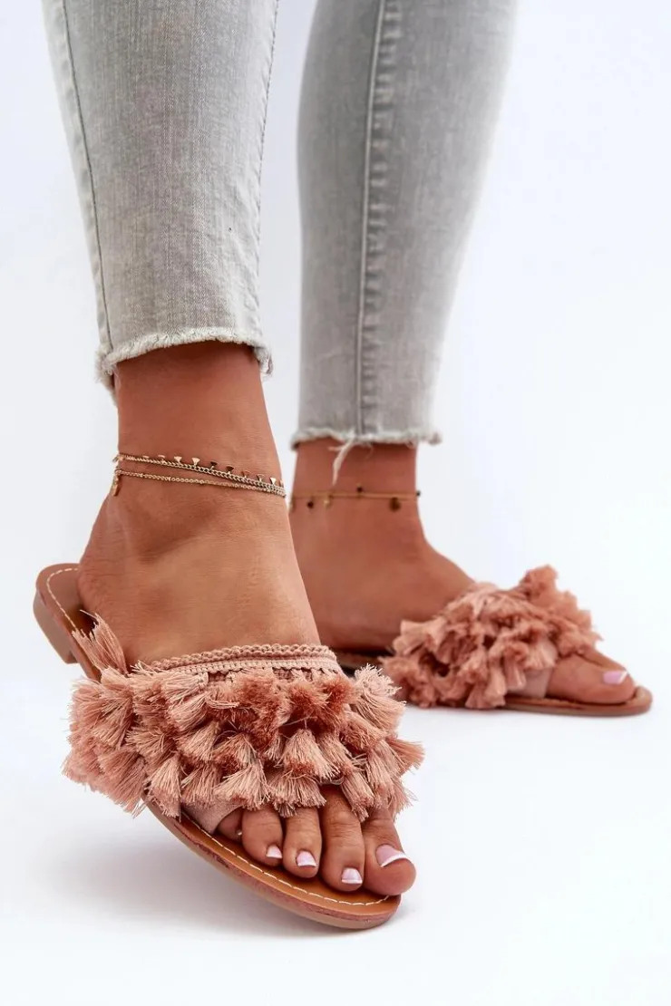 Damskie Boto Płaskie Klapki Damskie Z Frędzlami Brudny Róż Rialle