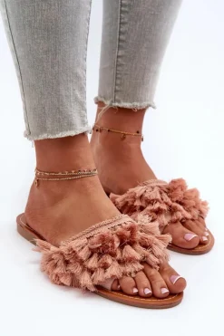 Damskie Boto Płaskie Klapki Damskie Z Frędzlami Brudny Róż Rialle