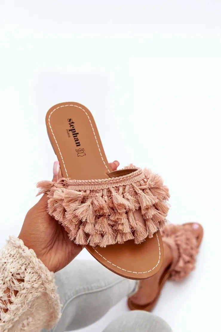 Damskie Boto Płaskie Klapki Damskie Z Frędzlami Brudny Róż Rialle