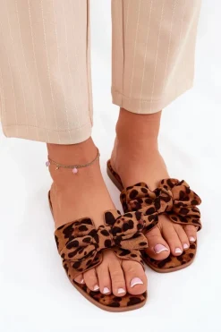Boto Klapki Damskie Klasyczne*Płaskie Klapki Damskie Z Kokardką Panterka Brązowe Tobin Brązowy