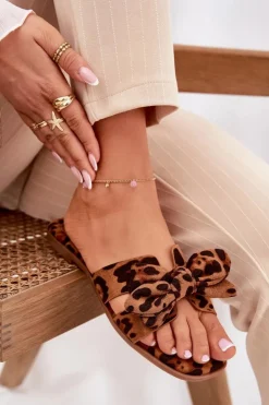 Boto Klapki Damskie Klasyczne*Płaskie Klapki Damskie Z Kokardką Panterka Brązowe Tobin Brązowy