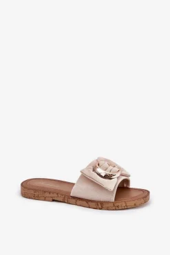 Outlet Boto Płaskie Klapki Damskie Z Ozdobnym Detalem Beżowe Nellodra Beżowy