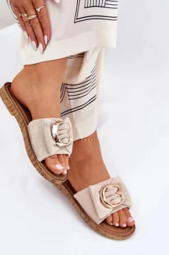 Outlet Boto Płaskie Klapki Damskie Z Ozdobnym Detalem Beżowe Nellodra Beżowy