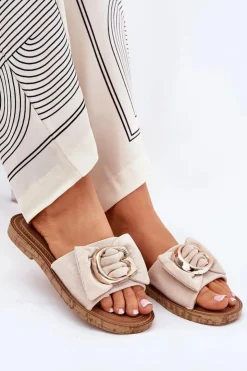 Outlet Boto Płaskie Klapki Damskie Z Ozdobnym Detalem Beżowe Nellodra Beżowy