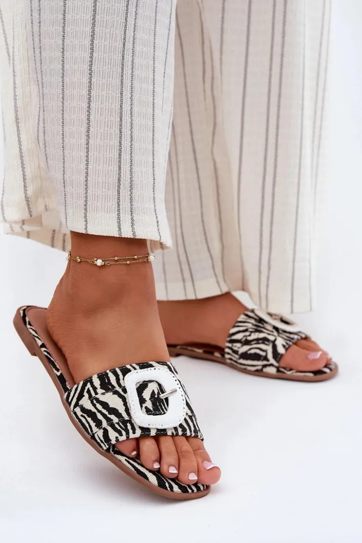 Boto Płaskie Klapki Damskie Z Ozdobną Klamrą Zebra Clariola