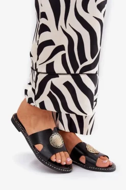 Damskie Boto Płaskie Klapki Damskie Z Ozdobnym Detalem Czarne Oferry