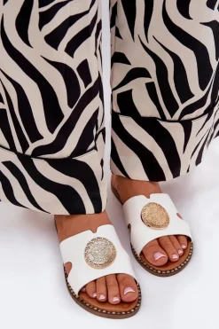 Boto Klapki Damskie Klasyczne*Płaskie Klapki Damskie Z Ozdobnym Detalem Białe Oferry