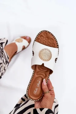 Boto Klapki Damskie Klasyczne*Płaskie Klapki Damskie Z Ozdobnym Detalem Białe Oferry