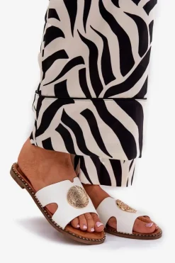 Boto Klapki Damskie Klasyczne*Płaskie Klapki Damskie Z Ozdobnym Detalem Białe Oferry