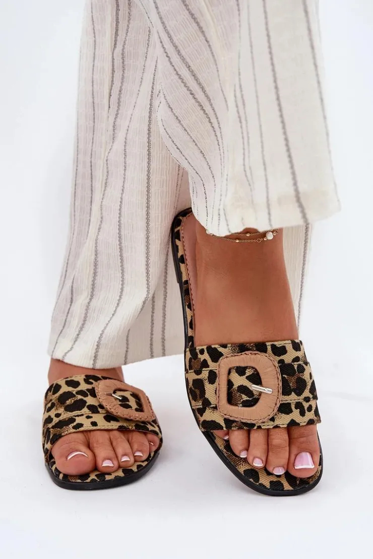 Damskie Boto Płaskie Klapki Damskie Z Ozdobną Klamrą Panterka Clariola