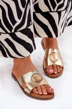 Boto Płaskie Klapki Damskie Z Ozdobnym Detalem Złote Oferry