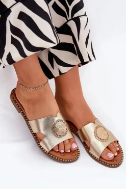 Boto Płaskie Klapki Damskie Z Ozdobnym Detalem Złote Oferry