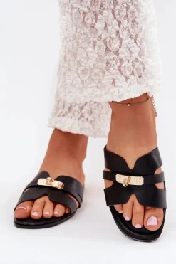 Discount Boto Płaskie Klapki Damskie Z Paseczkiem I Złotym Detalem Czarne Kerenza Czarny