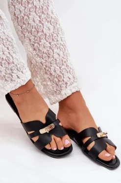 Discount Boto Płaskie Klapki Damskie Z Paseczkiem I Złotym Detalem Czarne Kerenza Czarny