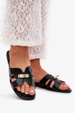 Discount Boto Płaskie Klapki Damskie Z Paseczkiem I Złotym Detalem Czarne Kerenza Czarny