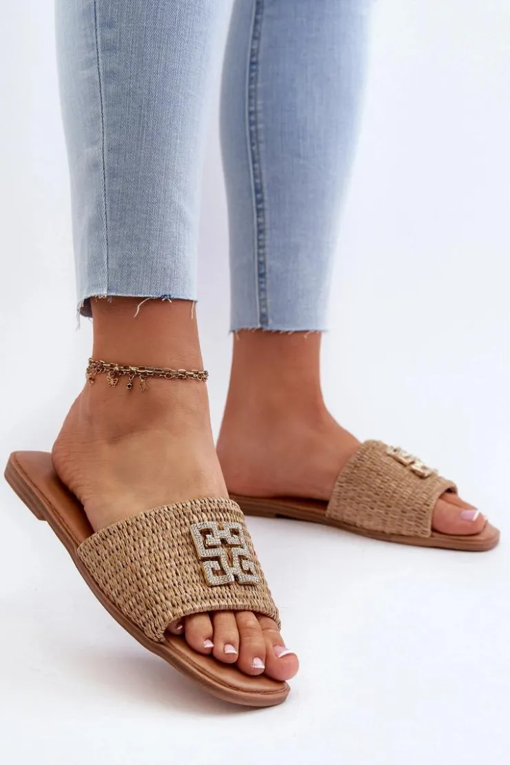 Damskie Evento Płaskie Klapki Damskie Z Plecionką I Ozdobą Beżowe Omenna