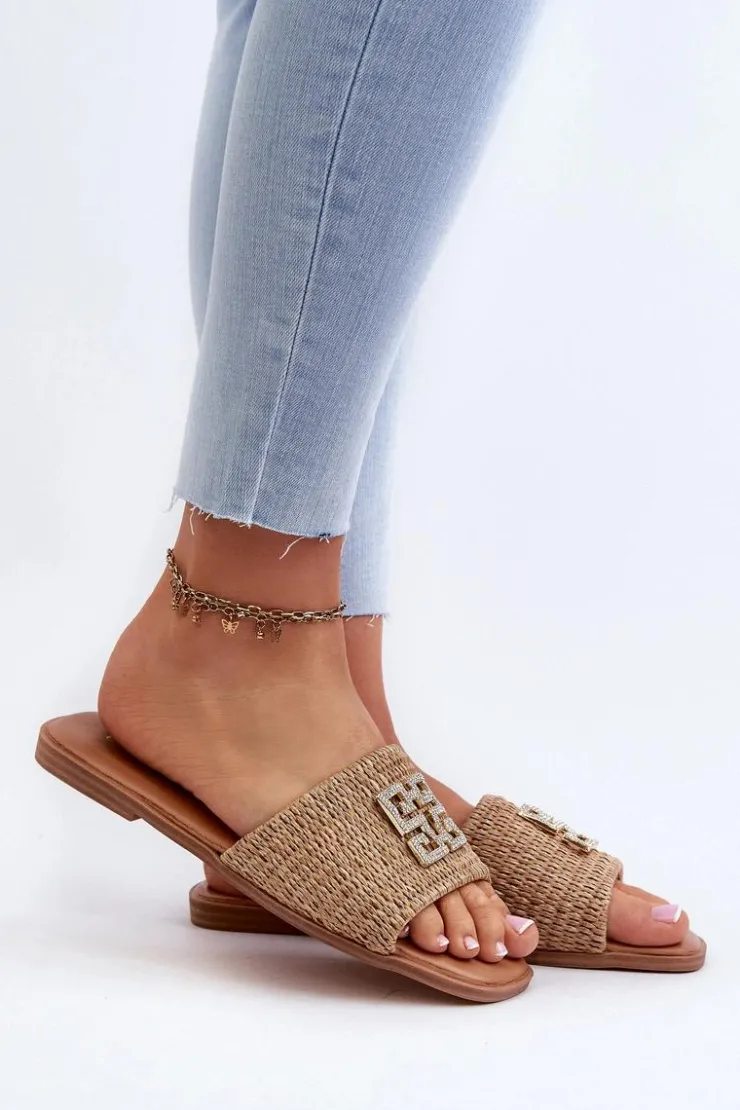 Damskie Evento Płaskie Klapki Damskie Z Plecionką I Ozdobą Beżowe Omenna