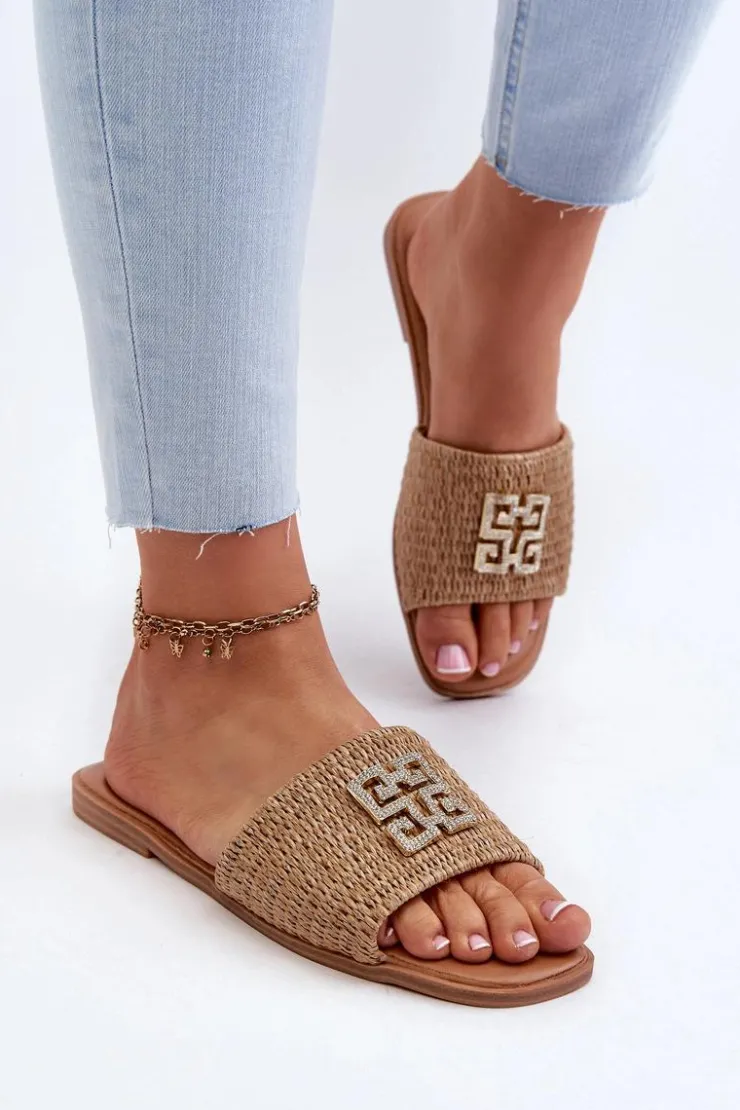 Damskie Evento Płaskie Klapki Damskie Z Plecionką I Ozdobą Beżowe Omenna