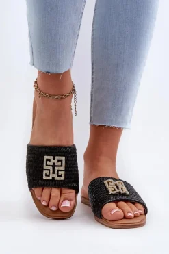 Discount Evento Płaskie Klapki Damskie Z Plecionką I Ozdobą Czarne Omenna Czarny