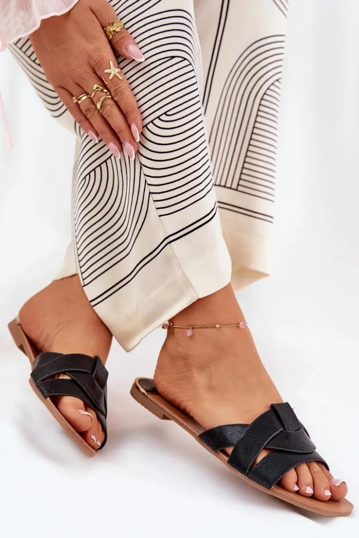 Clearance Boto Płaskie Klapki Damskie Z Przeplatającymi Się Paskami Czarne Selaenor Czarny