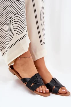 Clearance Boto Płaskie Klapki Damskie Z Przeplatającymi Się Paskami Czarne Selaenor Czarny