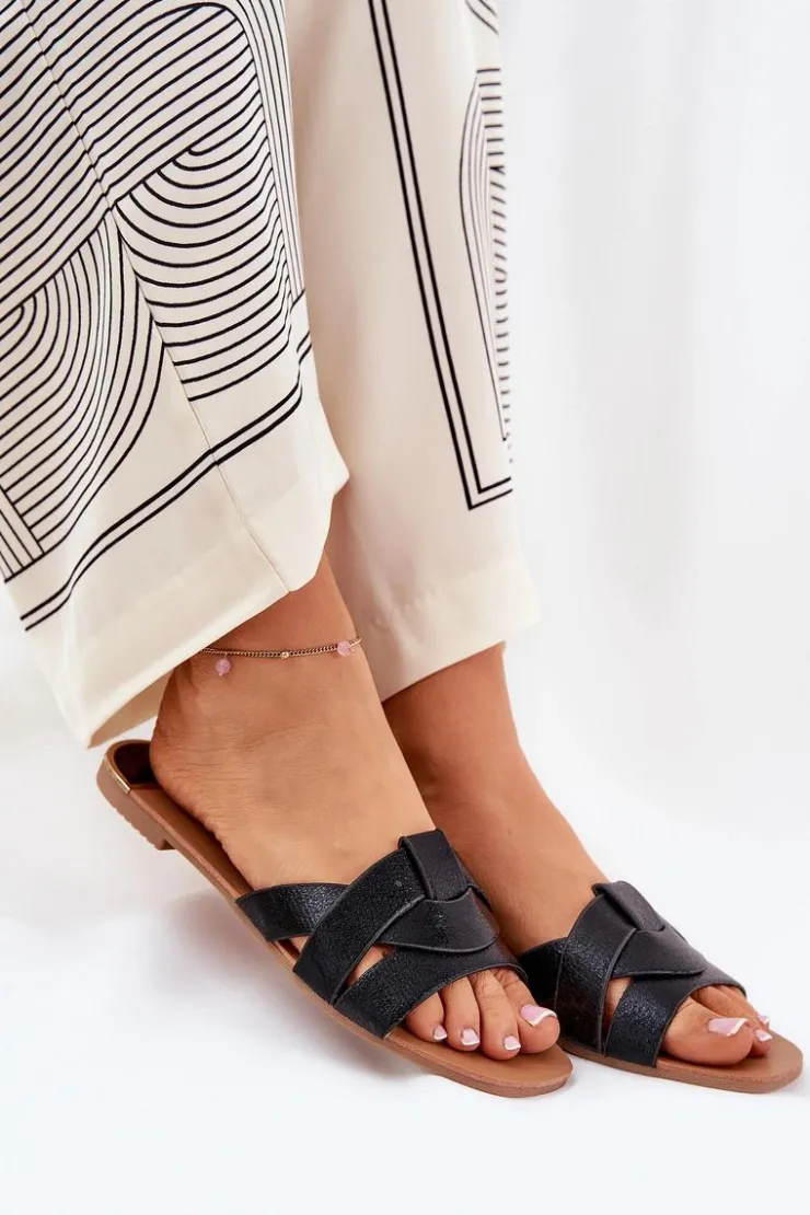 Clearance Boto Płaskie Klapki Damskie Z Przeplatającymi Się Paskami Czarne Selaenor Czarny