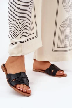 Clearance Boto Płaskie Klapki Damskie Z Przeplatającymi Się Paskami Czarne Selaenor Czarny