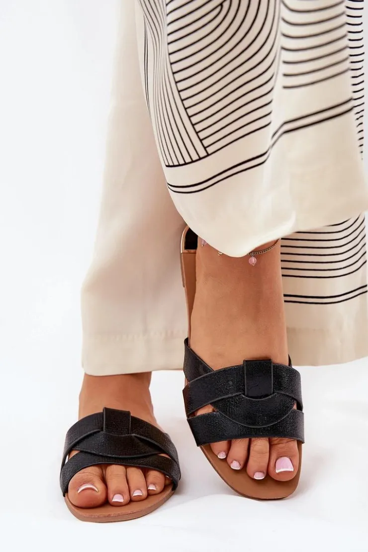 Clearance Boto Płaskie Klapki Damskie Z Przeplatającymi Się Paskami Czarne Selaenor Czarny