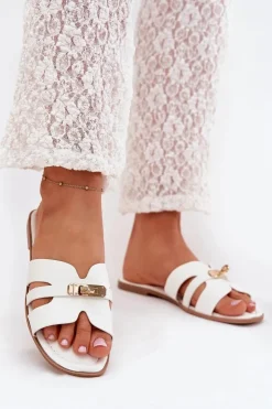 Damskie Boto Płaskie Klapki Damskie Z Paseczkiem I Złotym Detalem Białe Kerenza