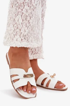 Damskie Boto Płaskie Klapki Damskie Z Paseczkiem I Złotym Detalem Białe Kerenza