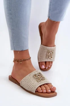 Evento Klapki Damskie Klasyczne*Płaskie Klapki Damskie Z Plecionką I Ozdobą Białe Omenna