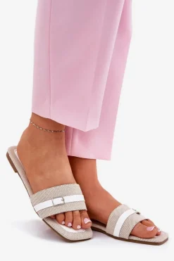 Damskie Boto Płaskie Klapki Damskie Z Paskiem I Sprzączką Beżowo-Białe Zilina