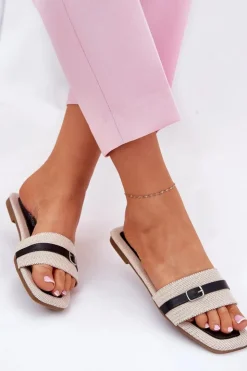 Damskie Boto Płaskie Klapki Damskie Z Paskiem I Sprzączką Beżowo-Czarne Zilina