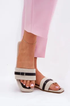 Damskie Boto Płaskie Klapki Damskie Z Paskiem I Sprzączką Beżowo-Czarne Zilina