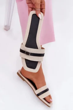 Damskie Boto Płaskie Klapki Damskie Z Paskiem I Sprzączką Beżowo-Czarne Zilina