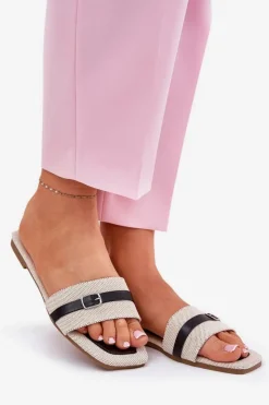 Damskie Boto Płaskie Klapki Damskie Z Paskiem I Sprzączką Beżowo-Czarne Zilina