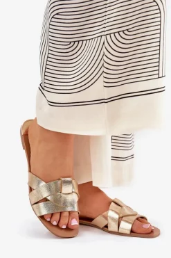 Discount Boto Płaskie Klapki Damskie Z Przeplatającymi Się Paskami Złote Selaenor