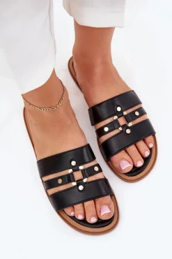 Best Boto Płaskie Klapki Damskie Ze Złotym Detalem Czarne Noroti Czarny