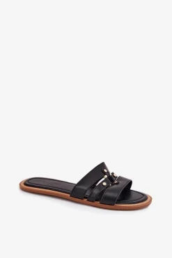 Best Boto Płaskie Klapki Damskie Ze Złotym Detalem Czarne Noroti Czarny