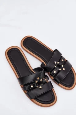 Best Boto Płaskie Klapki Damskie Ze Złotym Detalem Czarne Noroti Czarny