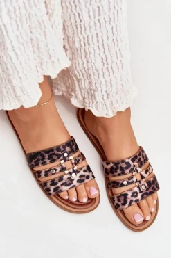 Clearance Boto Płaskie Klapki Damskie Ze Złotym Detalem Panterka Noroti Brązowy