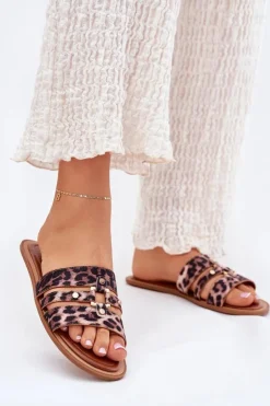 Clearance Boto Płaskie Klapki Damskie Ze Złotym Detalem Panterka Noroti Brązowy