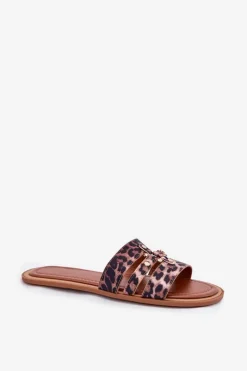 Clearance Boto Płaskie Klapki Damskie Ze Złotym Detalem Panterka Noroti Brązowy