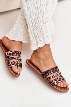 Clearance Boto Płaskie Klapki Damskie Ze Złotym Detalem Panterka Noroti Brązowy