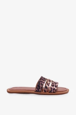 Clearance Boto Płaskie Klapki Damskie Ze Złotym Detalem Panterka Noroti Brązowy