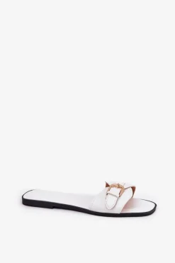 Damskie Boto Płaskie Klapki Damskie Ze Złotą Klamrą Białe Esiobb