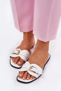 Damskie Boto Płaskie Klapki Damskie Ze Złotą Klamrą Białe Esiobb